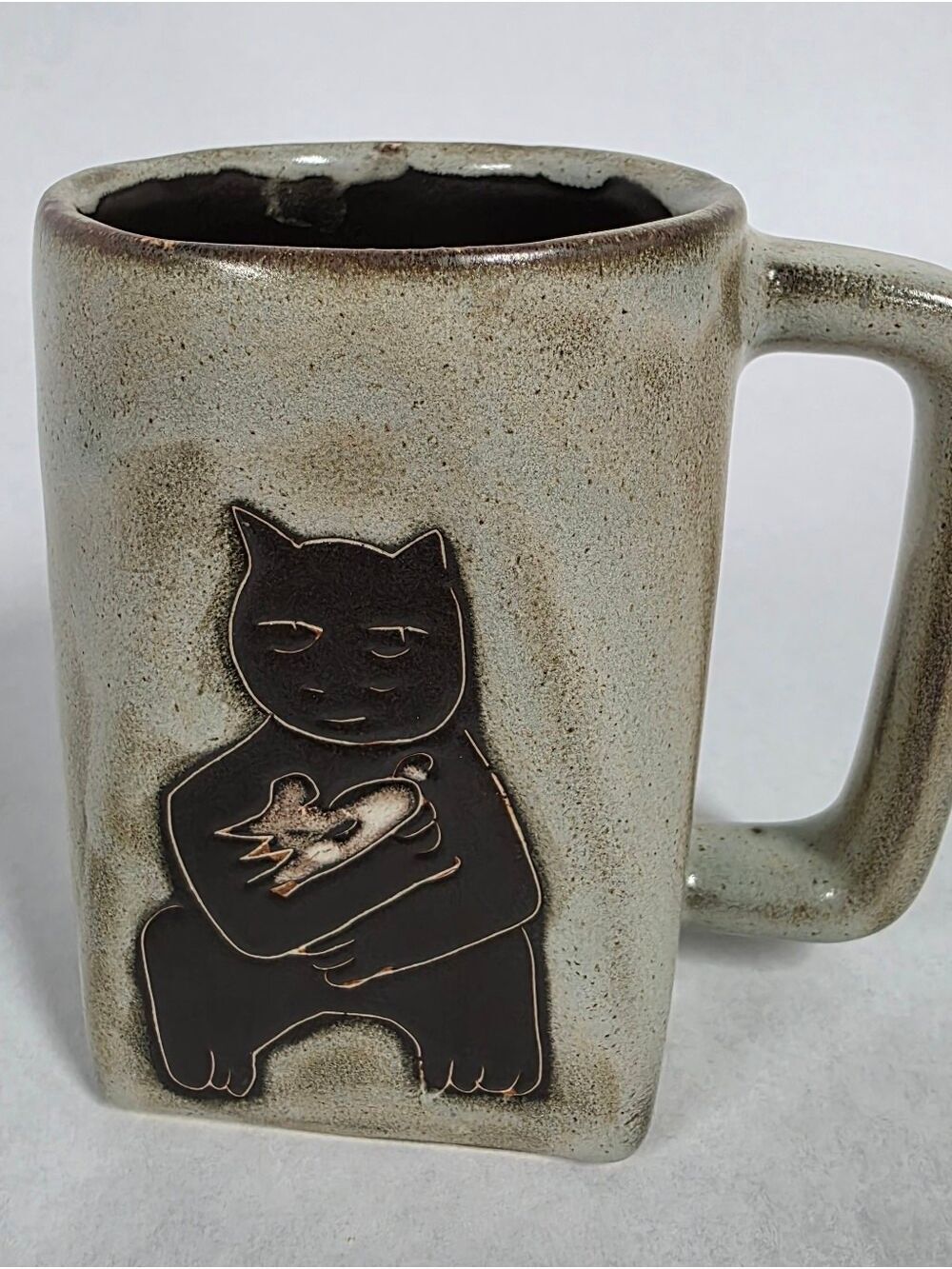 Vintage Mara Stoneware Handcrafted Cat Mug, Signed, Mexican Pottery Design